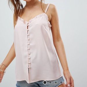 Neutral Pink Tank Top with Ruffles and Buttons